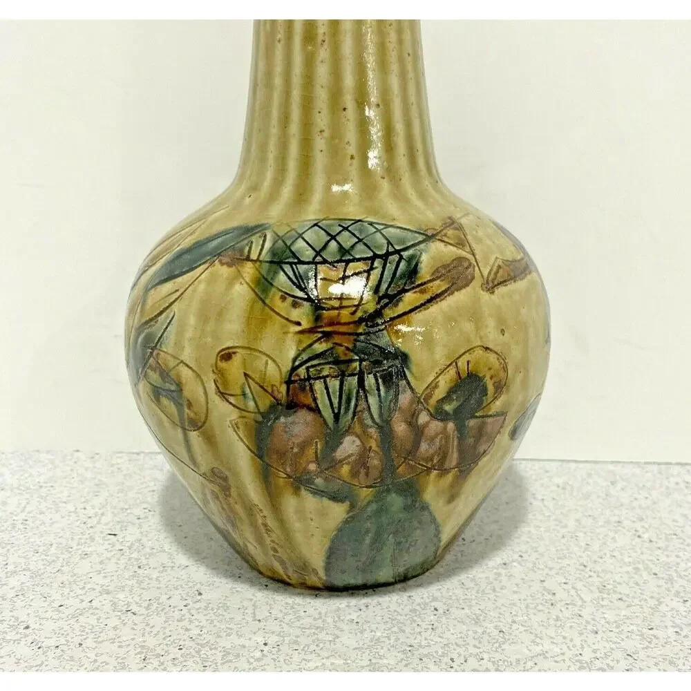 Vintage Mid Century Art Pottery Vase Drip Glaze Incised Brutalist Okinawa Japan
